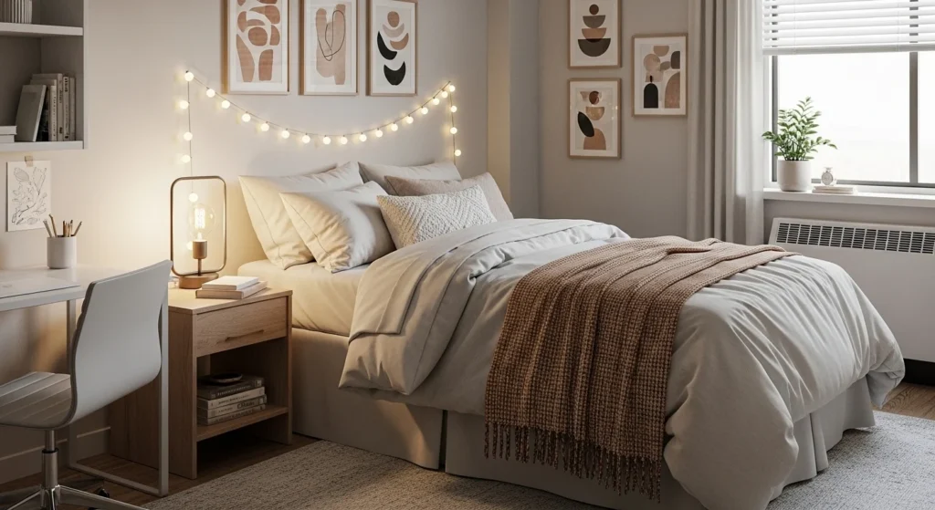 Dorm room decorated with neutral colors and cozy minimalist style