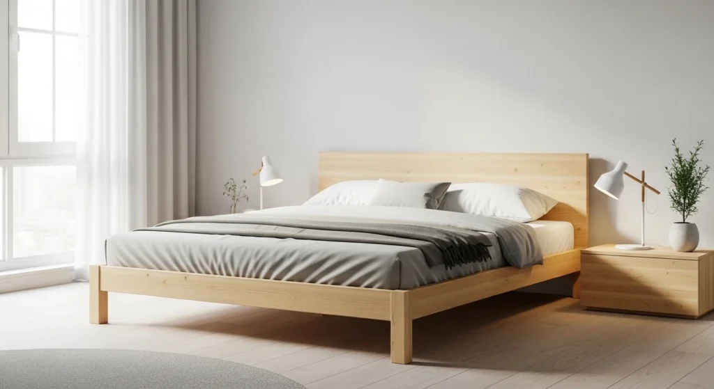 Modern minimalist wooden platform bed with clean lines and neutral bedding
