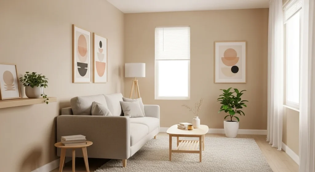 Warm minimalist compact living room with beige walls, simple sofa, light wood accents, and soft natural lighting