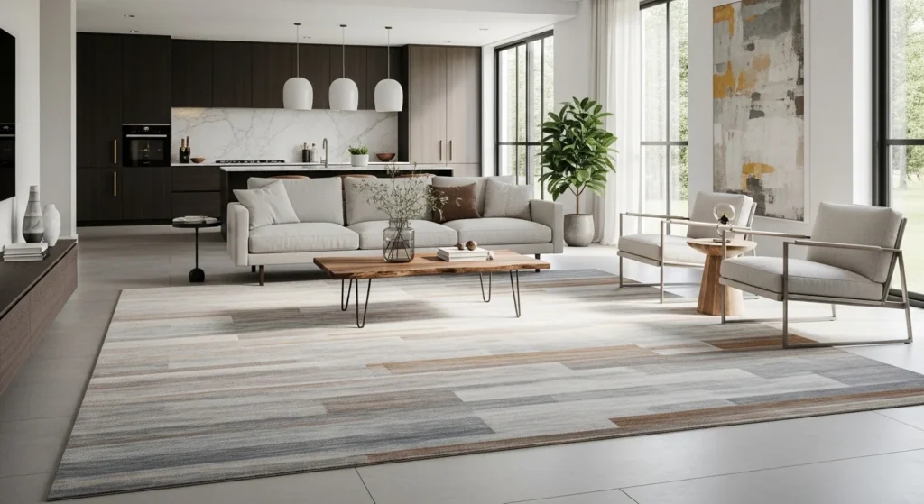 Large oversized rug anchoring seating area in modern living room