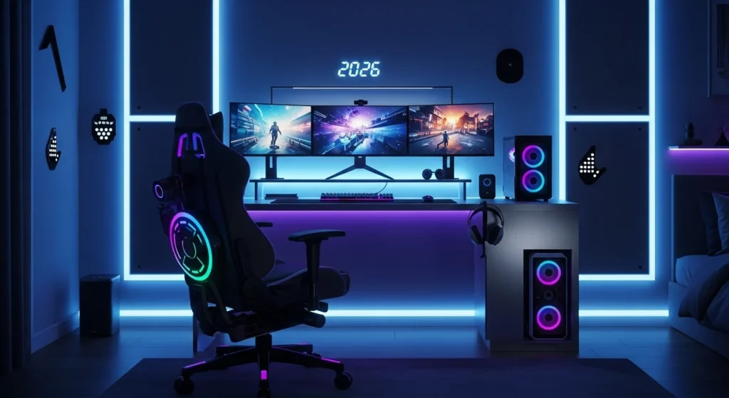 Boys bedroom with futuristic gaming setup, LED lighting, multiple monitors, and ergonomic chair