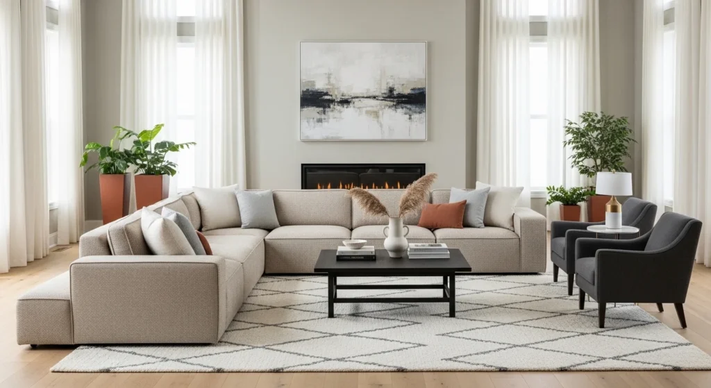 Modern living room with modular sectional sofa in neutral tones