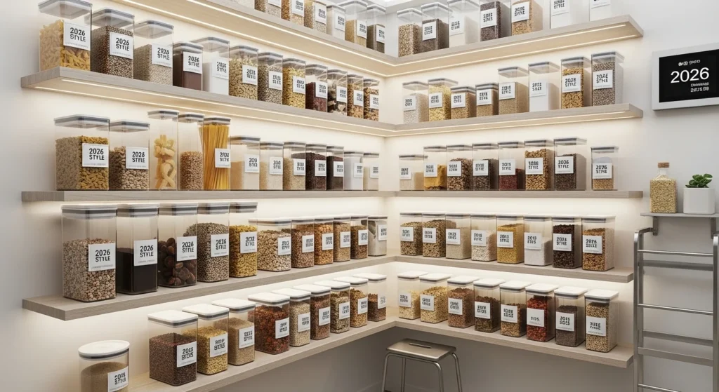 Kitchen pantry organized with clear airtight storage containers on shelves
