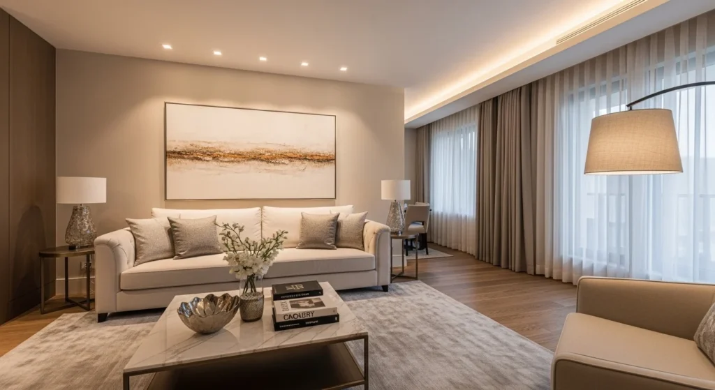 Elegant living room with neutral tones and luxury furniture design