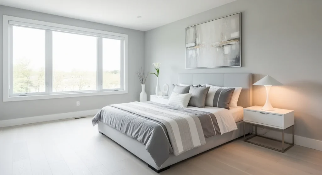 Light gray bedroom with soft bedding and airy modern design