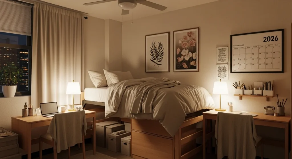 College dorm room decorated in neutral tones with cozy bedding and soft lighting