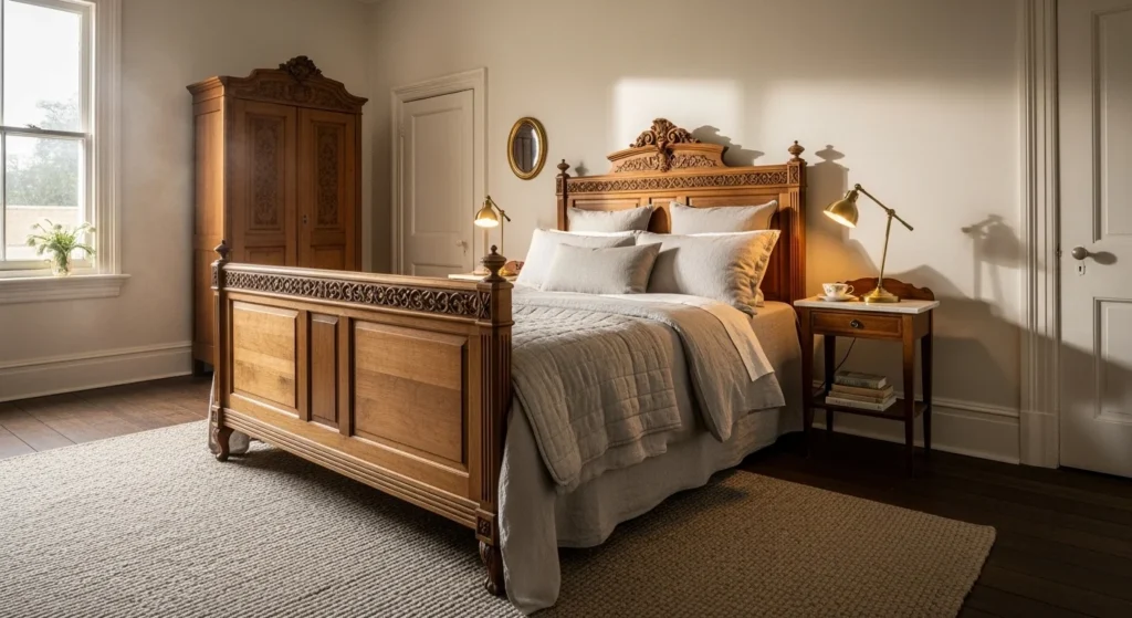 Vintage bedroom featuring carved antique wooden bed frame with warm lighting
