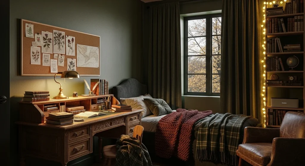 Teen bedroom with dark green walls, vintage desk, and warm lighting