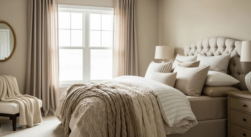 Cozy bedroom designed with warm beige and cream tones, layered bedding, and soft ambient lighting