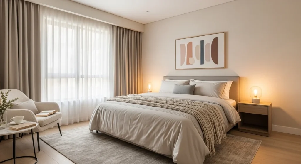 Bedroom remodel with warm neutral color palette and cozy layered textures