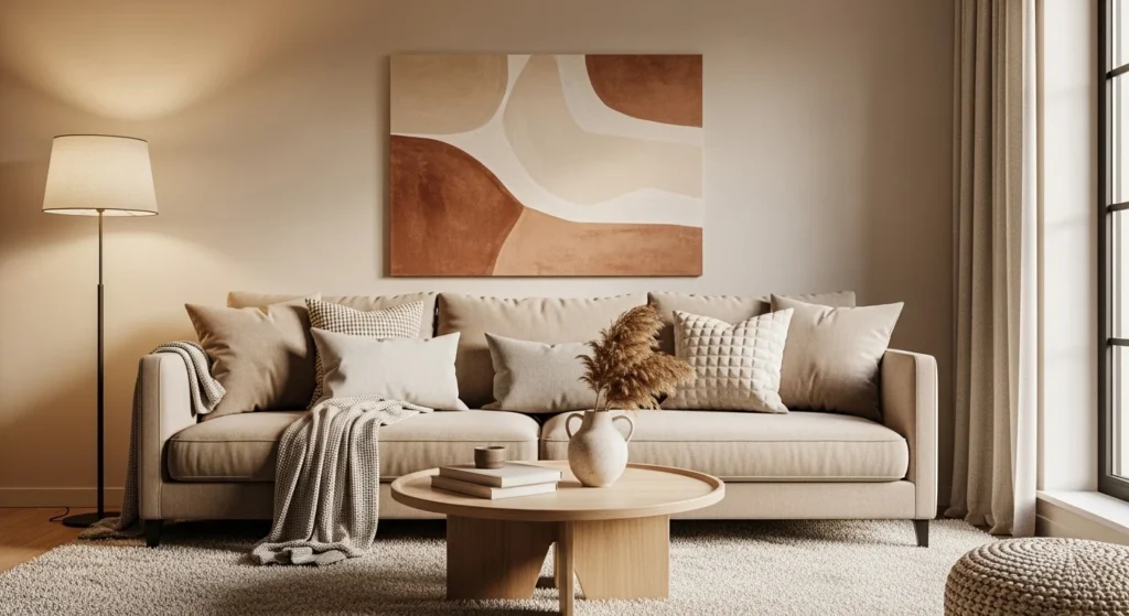 Living room with beige and taupe tones, neutral walls, layered textures, cozy remodel