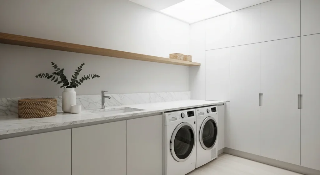Minimalist laundry room with white cabinets, wooden shelves and front load washer dryer