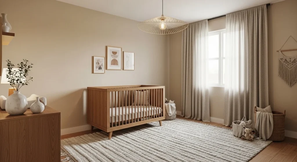 Neutral nursery with beige walls, wooden crib and cozy soft decor