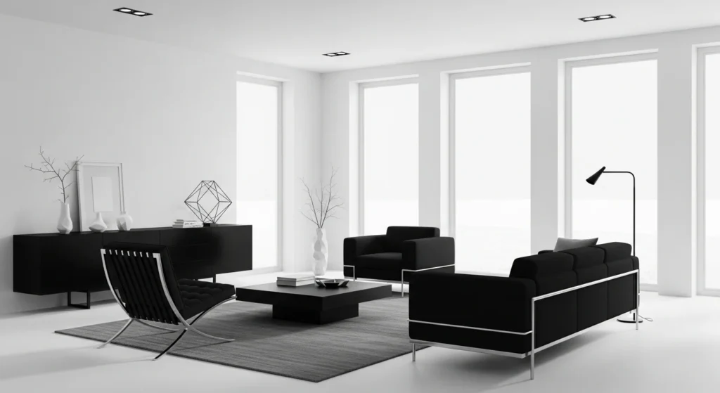 Modern minimalist parlor with white walls, black furniture accents, neutral rug, and large windows