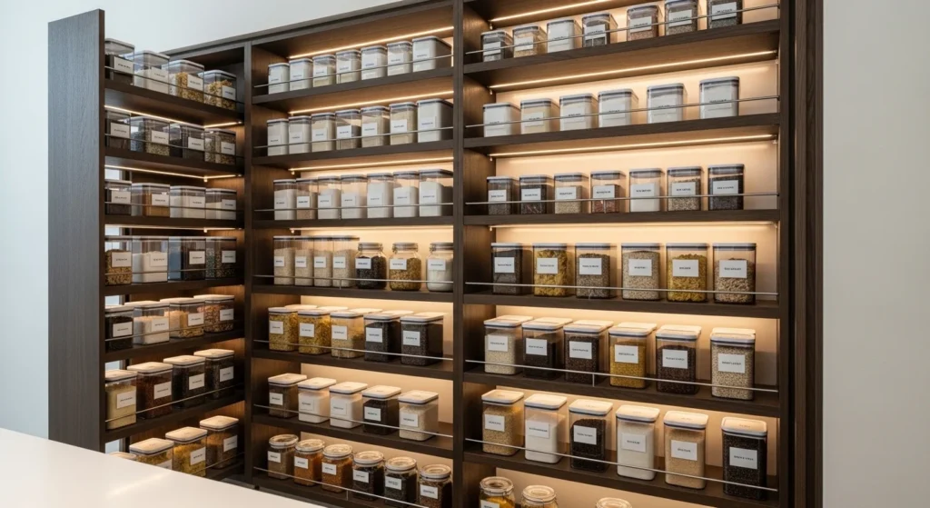 Kitchen pantry with fully extended pull-out shelves, labeled jars, and bright LED lighting