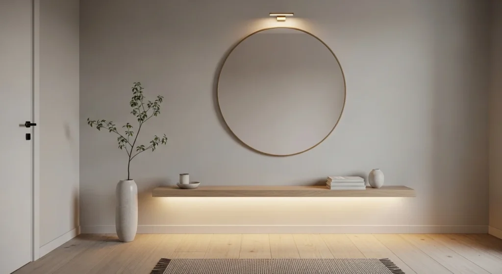 Neutral toned minimalist entryway with slim console table and modern decor
