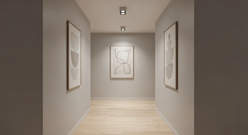 Minimalist hallway with neutral walls, light wood flooring and simple modern decor