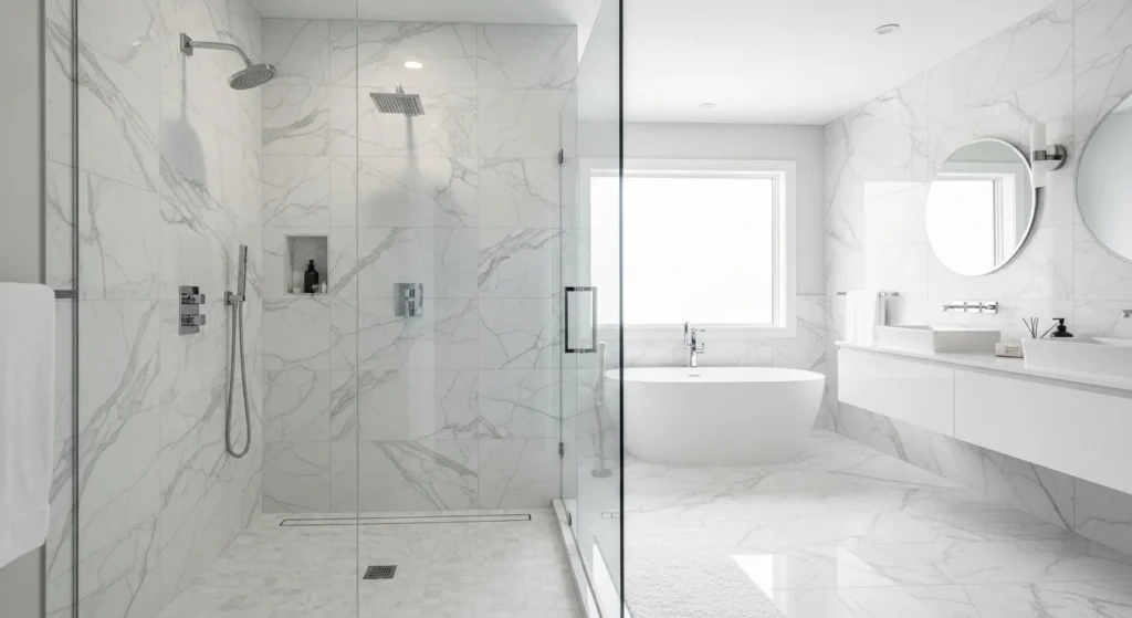 Frameless glass walk-in shower with marble tiles and minimal hardware in bright modern bathroom