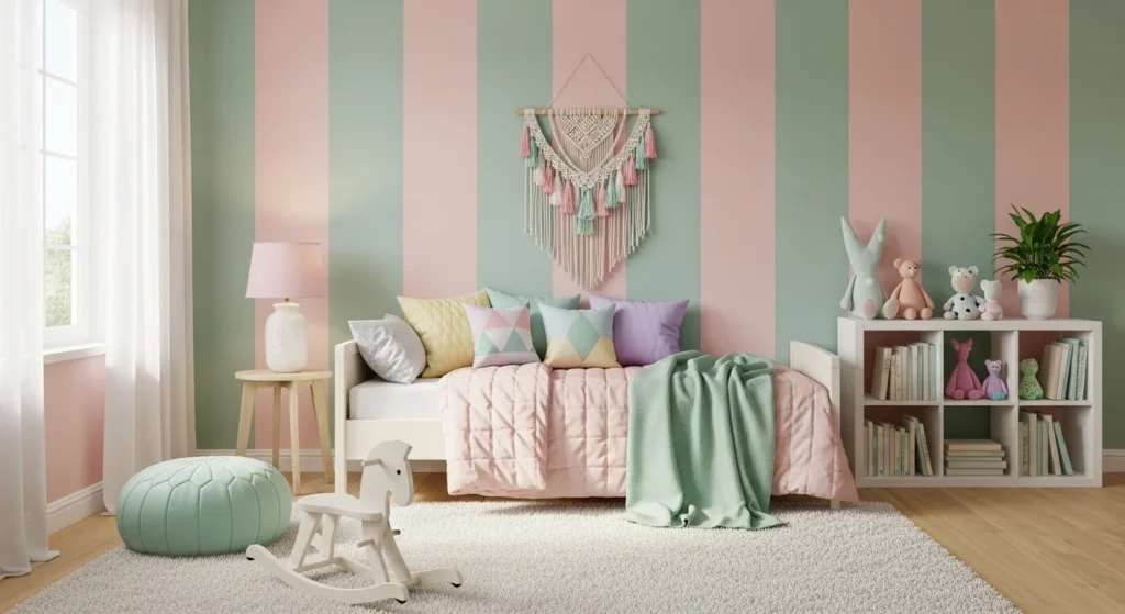 pastel themed kids bedroom with soft colors and cozy modern decor