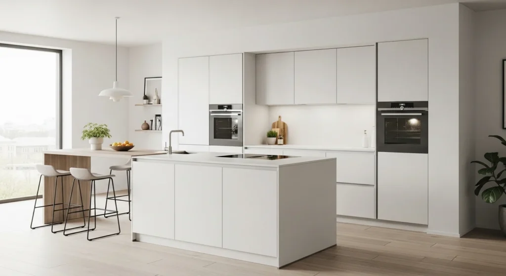 Sleek minimal open kitchen with handleless cabinets and neutral modern interior