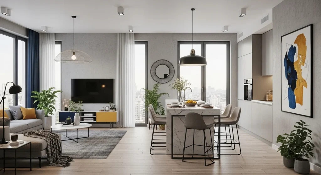 Modern apartment with open concept living, dining, and kitchen layout creating spacious feel