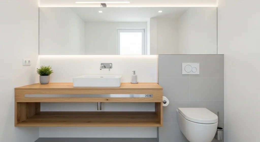Small modern bathroom with floating wall-mounted vanity and open floor, bright 2026 interior