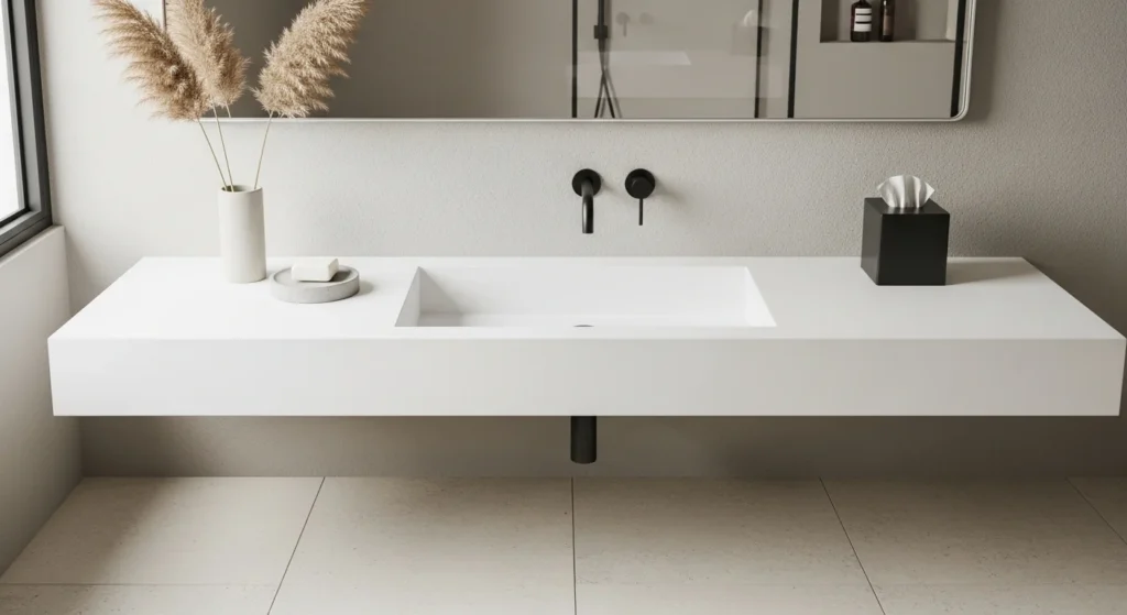 Minimalist bathroom sink with clean countertop and neutral accessories in modern 2026 interior