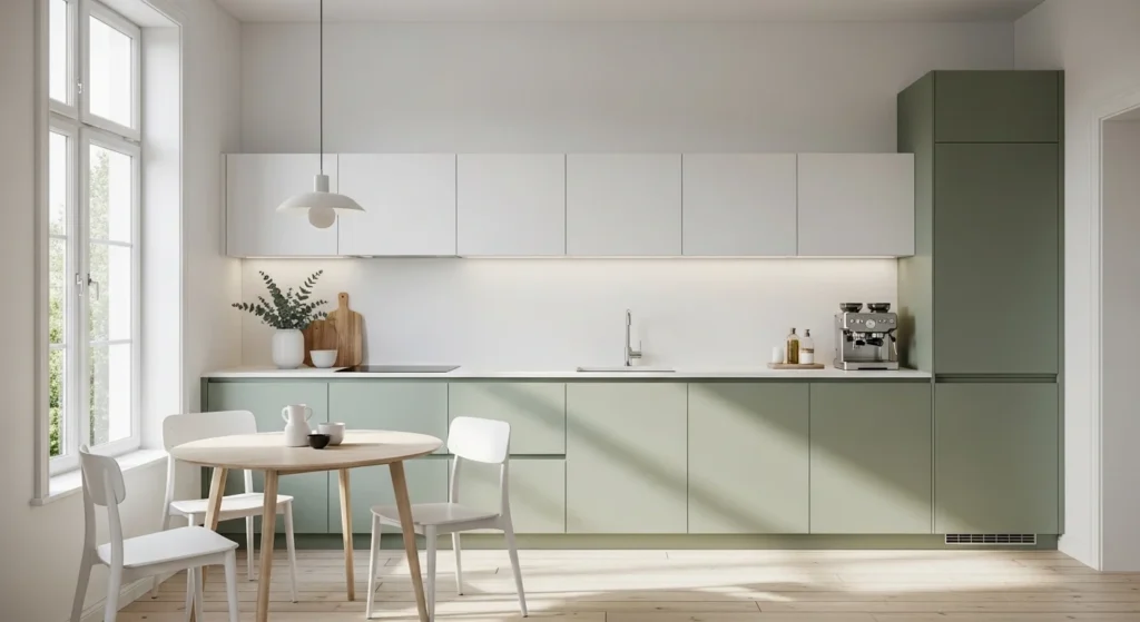 Minimalist kitchen with sage green cabinets and white countertops, bright modern 2026 interior