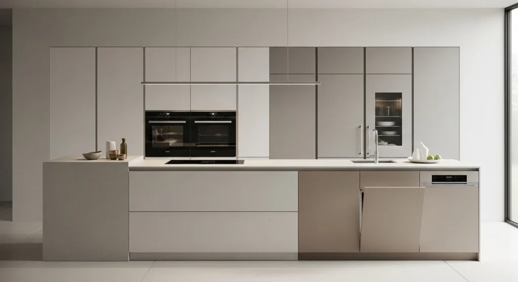 Handleless kitchen cabinets with flat panels and seamless modern minimalist 2026 interior