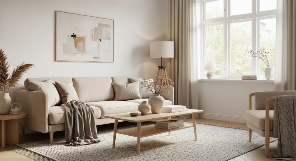 Scandinavian living room with beige and white palette, minimalist cozy 2026 interior