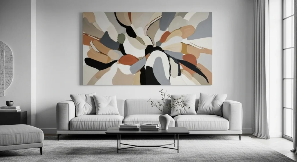 Minimalist black line art frames decorating a modern neutral living room wall