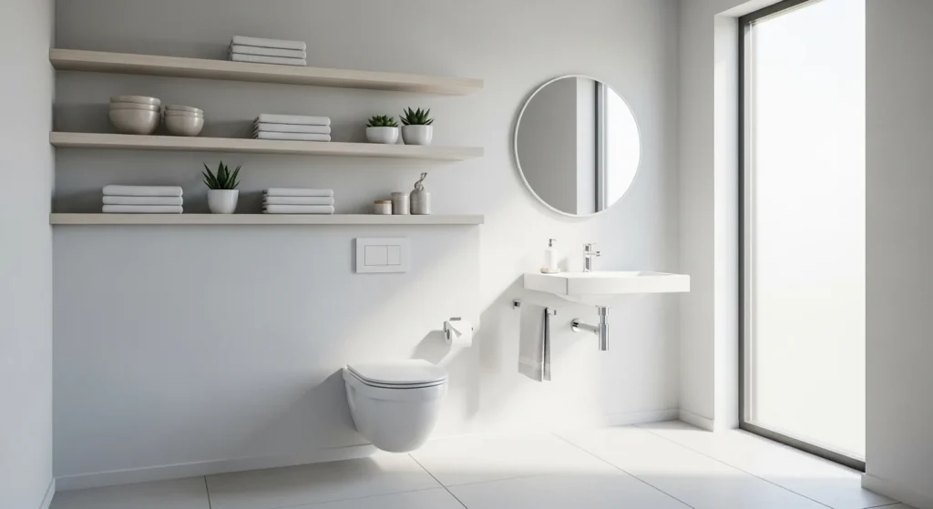 floating wooden shelves organizing towels and decor in a modern bathroom