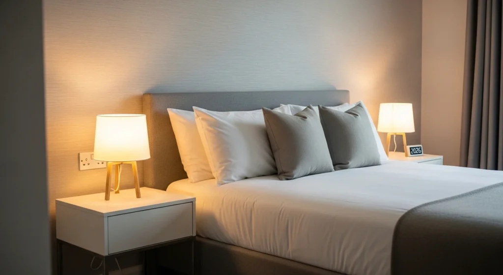 Neutral ceramic bedside lamp adding soft warm lighting to a minimalist 2026 bedroom