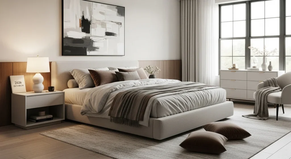 Modern bedroom featuring an upholstered platform bed with soft textures and contemporary styling
