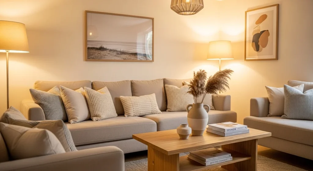 Cozy modern living room in warm neutral tones with beige sofa, textured cushions, and natural wood furniture for 2026 interiors