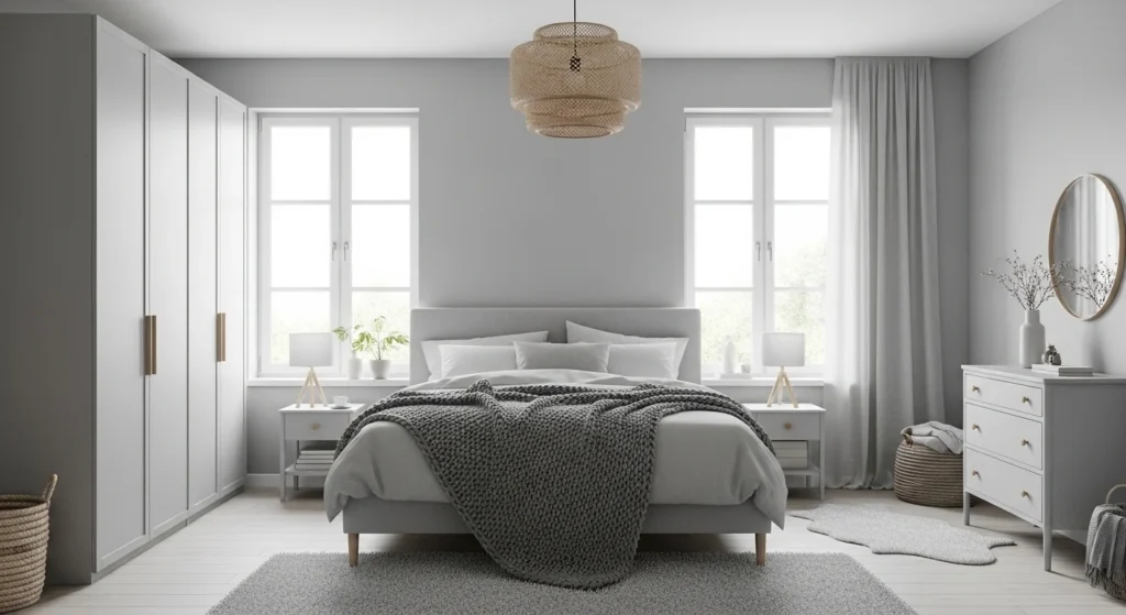 Soft grey minimalist bedroom with Scandinavian furniture and natural lighting for a calming 2026 interior