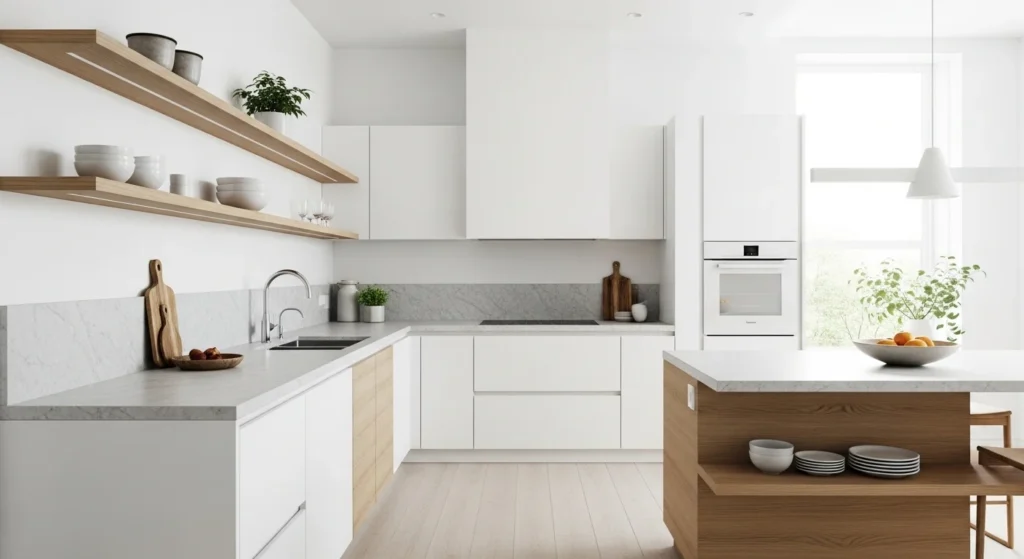 Bright minimalist white kitchen with handleless cabinets, open shelving, and subtle wood accents for modern 2026 interiors