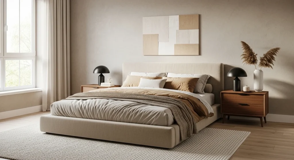 Master bedroom in warm neutral tones with layered bedding and cozy textures for a calming 2026 interior