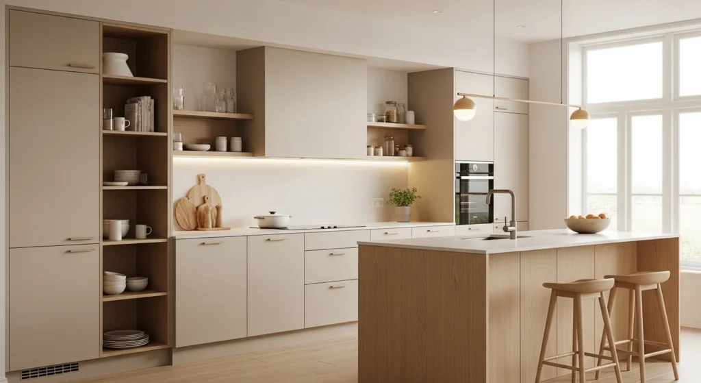 Warm minimalist kitchen with beige cabinets, wood accents, and clean modern layout