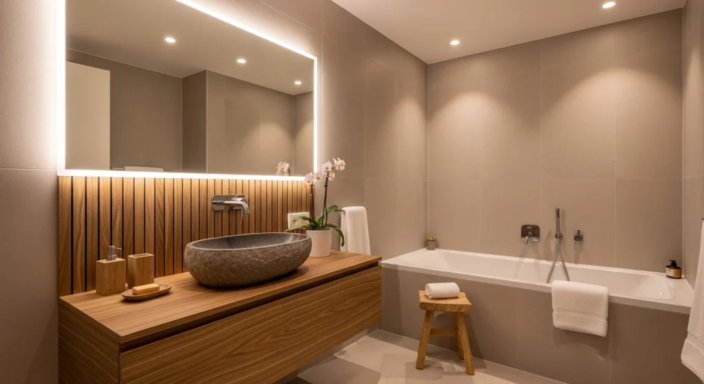 spa-inspired neutral bathroom with beige tones, natural textures and calming modern design