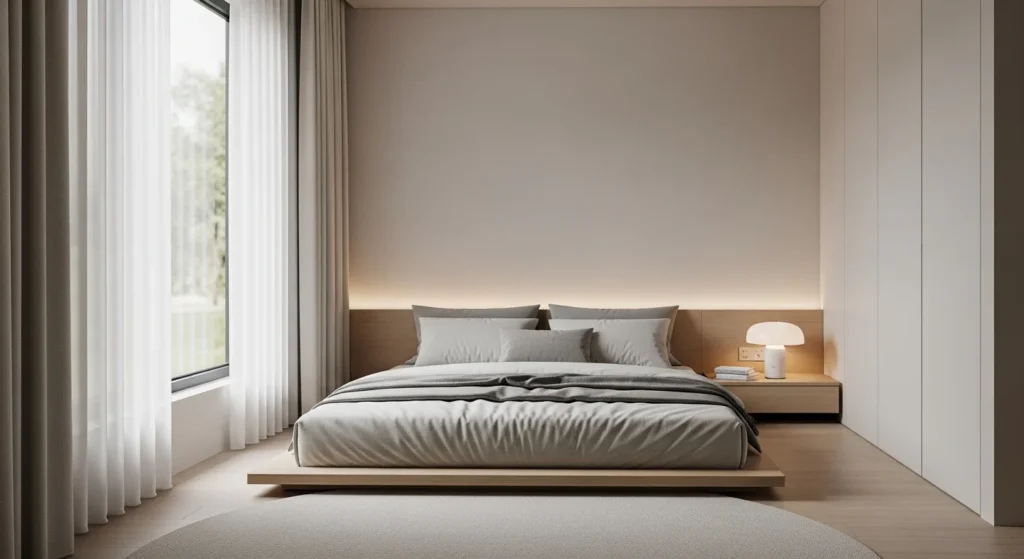 minimalist small bedroom with neutral colors and clean layout designed for compact modern spaces