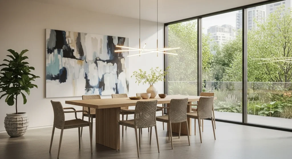 Modern dining room ideas for 2026 featuring a natural wood table, neutral tones, stylish chairs, and elegant pendant lighting in a contemporary home