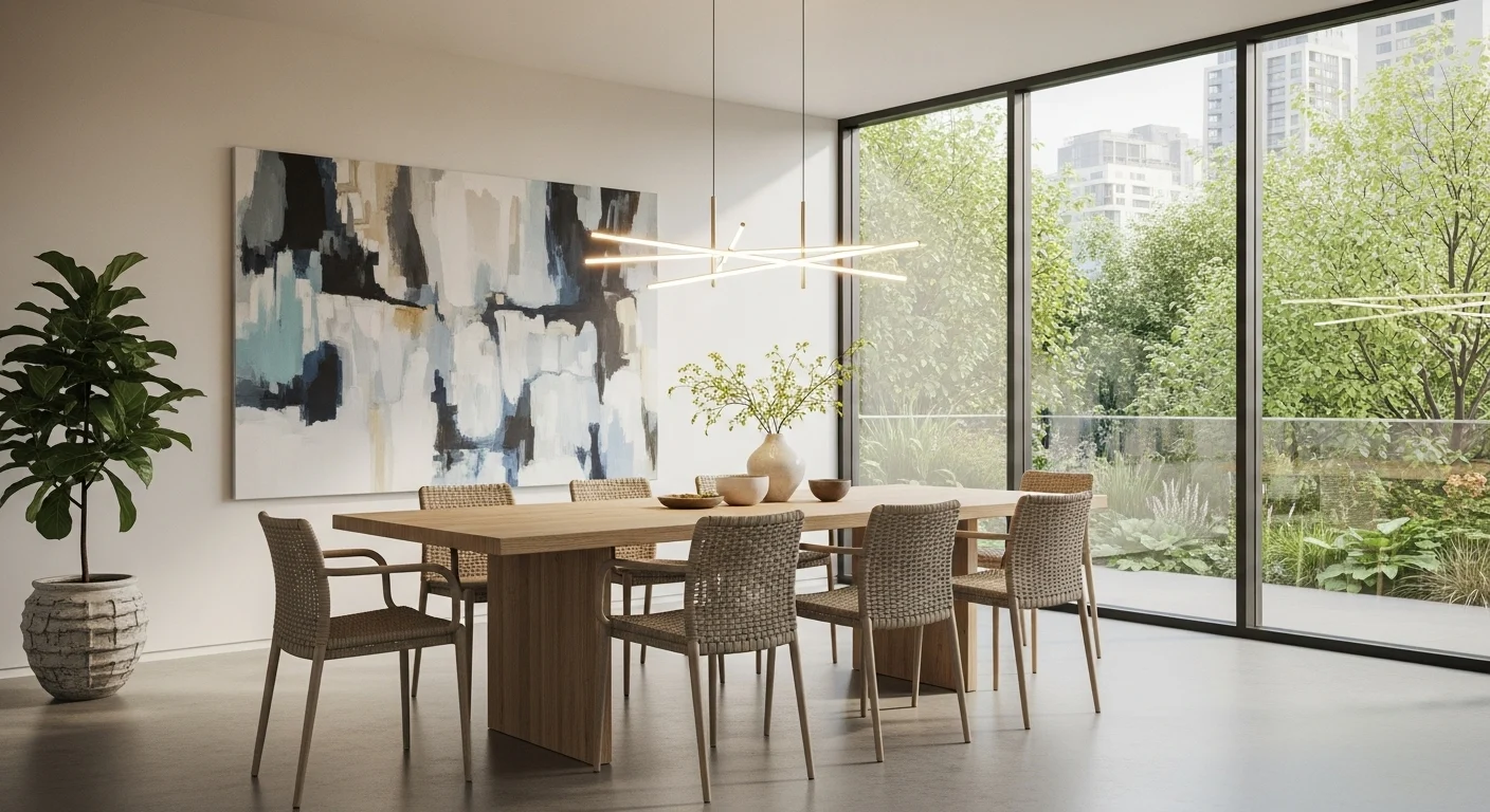 Modern dining room ideas for 2026 featuring a natural wood table, neutral tones, stylish chairs, and elegant pendant lighting in a contemporary home