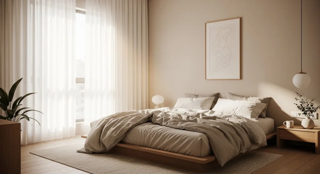 Soft beige minimalist bedroom with clean decor and calming neutral tones for a modern 2026 interior.