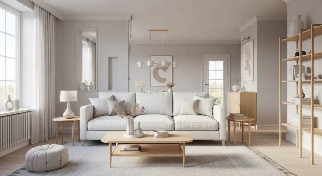 Soft white minimalist living room with clean furniture lines and bright natural lighting in a modern 2026 home