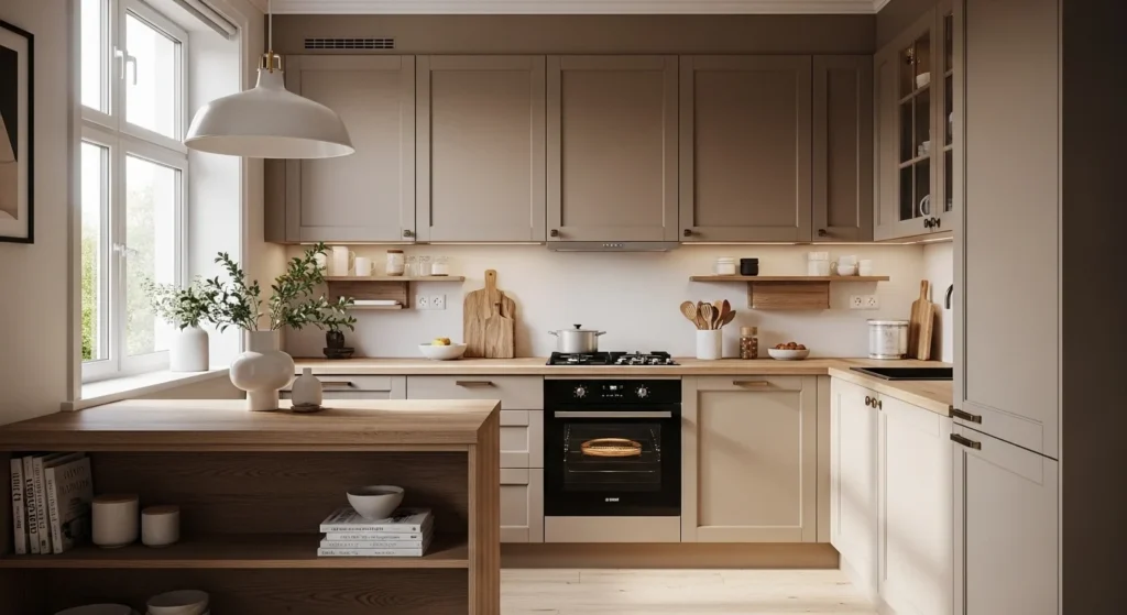 Cozy kitchen with warm neutral cabinets and soft lighting creating a calm modern atmosphere