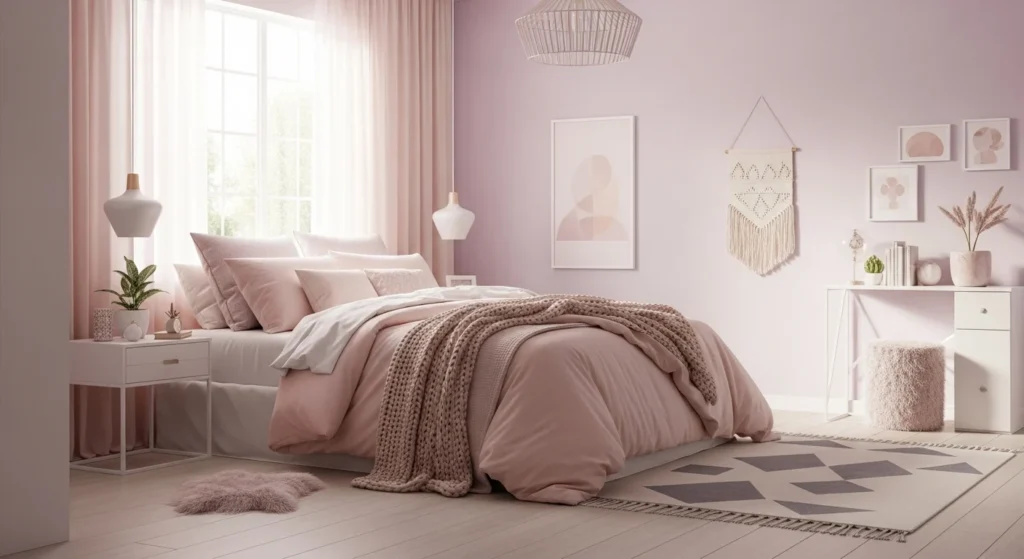 soft pastel girls bedroom with blush pink and lavender tones creating a calm modern feminine space
