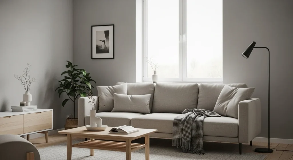 Soft gray minimalist living room with clean lines and modern neutral décor.
