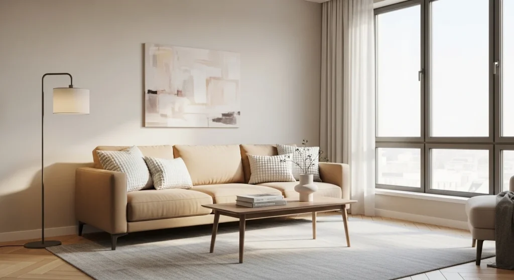 Soft neutral minimalist apartment living room with beige tones and clean modern furniture for 2026 interiors