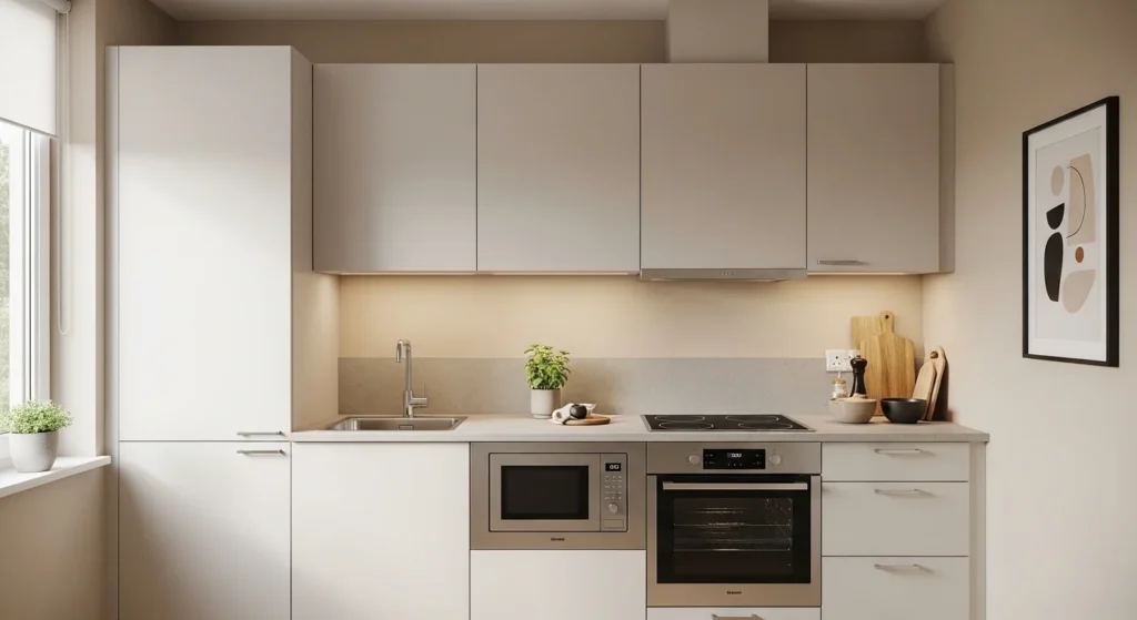 Small kitchen with light neutral colors and bright layout making the space feel larger in 2026